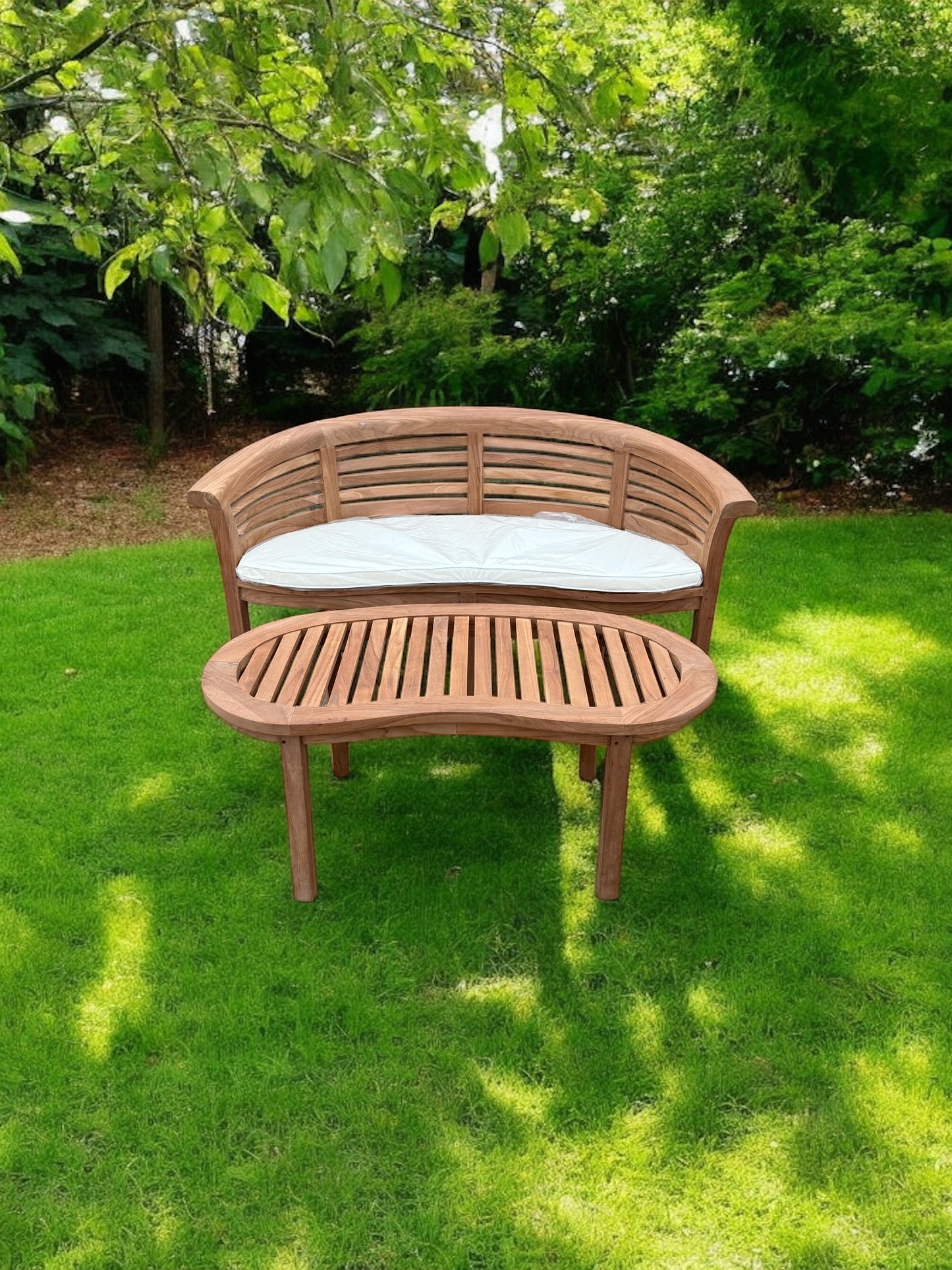 Teak Banana Curved Garden Bench Extra Thick (Deluxe) Horizontal With Coffee Table Two Piece Set