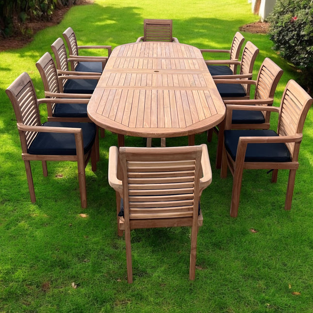 Teak Deluxe Garden Furniture Set 200cm - 300cm Dining Table 4CM Thick & 10 Chairs With Cushions
