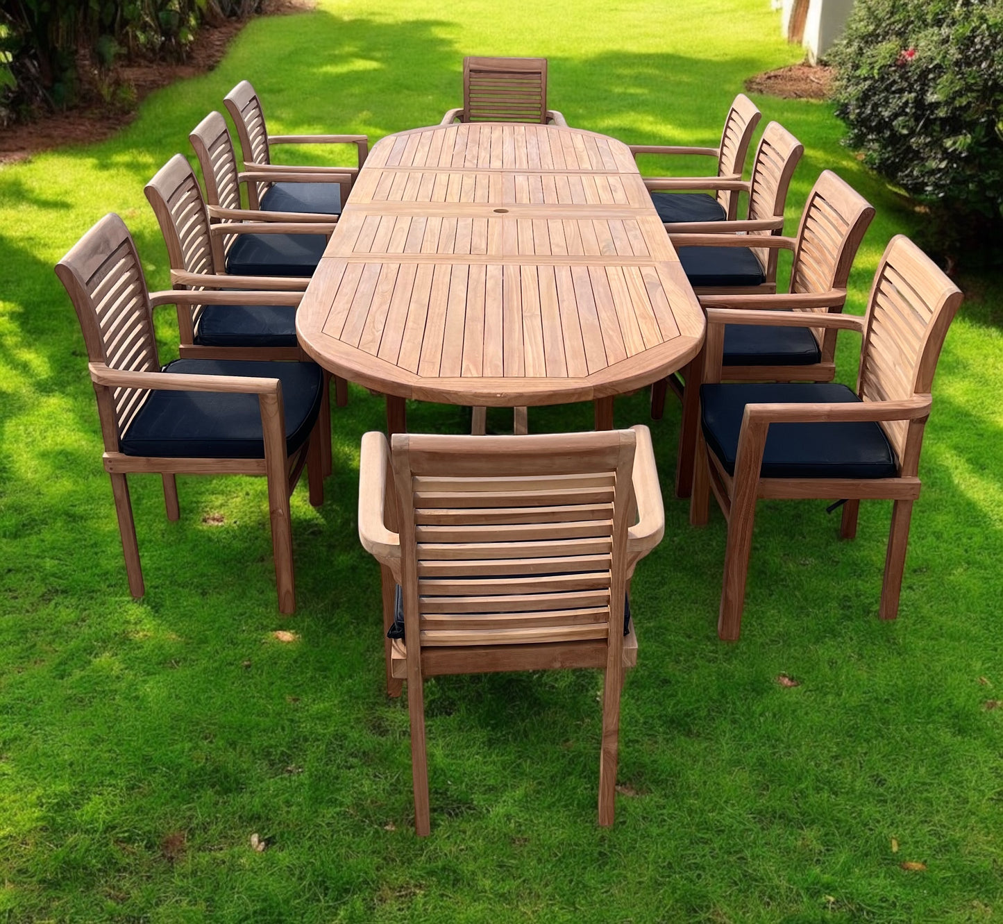 Teak Deluxe Garden Furniture Set 200cm - 300cm Dining Table 4CM Thick & 10 Chairs With Cushions