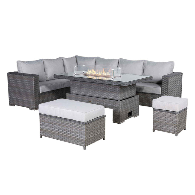 Calista Rattan Garden Furniture Corner Sofa Set With Rising Firepit Table Grey