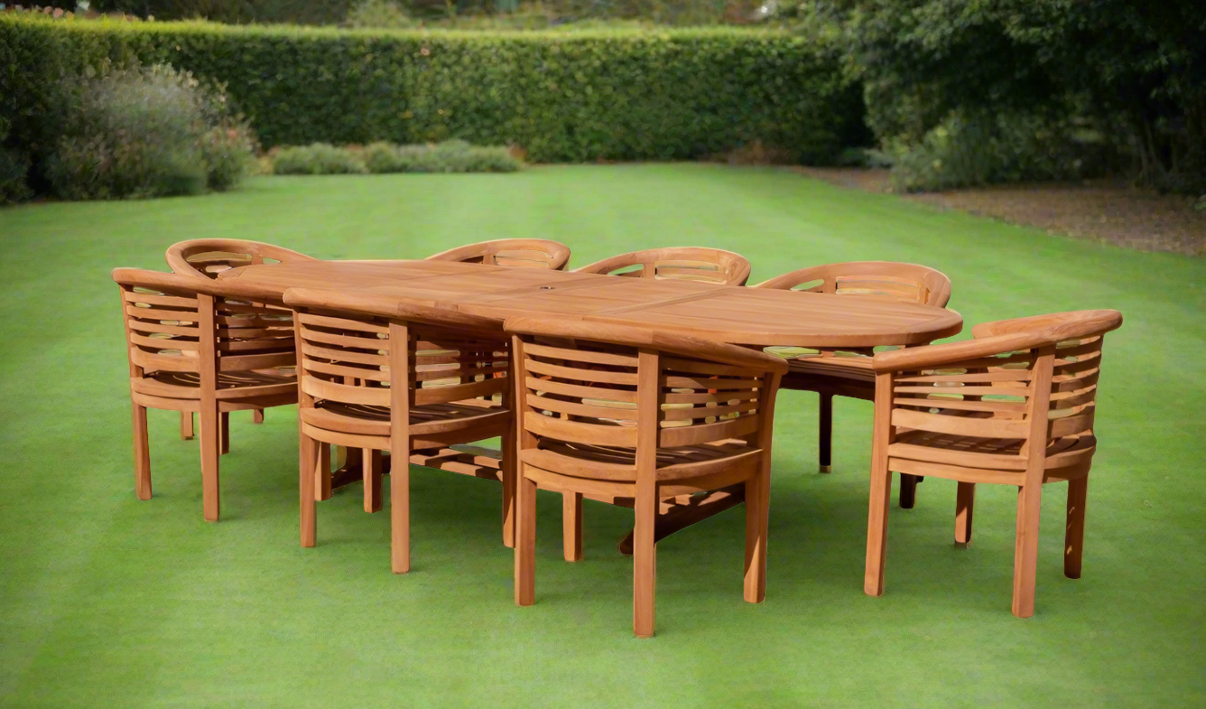 Teak Deluxe Garden Furniture Set 200cm - 300cm Oval Dining Table 4CM Thick & 8 Deluxe Horizontal Banana Chairs With Cushions