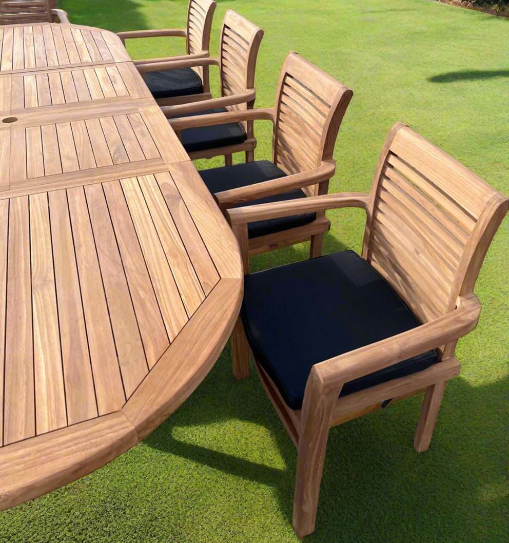 Teak Deluxe Garden Furniture Set 200cm - 300cm Dining Table 4CM Thick & 10 Chairs With Cushions