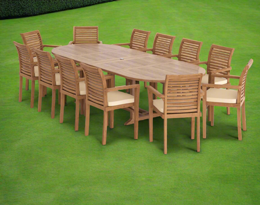 Teak Deluxe Garden Furniture Set 200cm - 300cm Dining Table 4CM Thick & 12 Chairs With Cushions