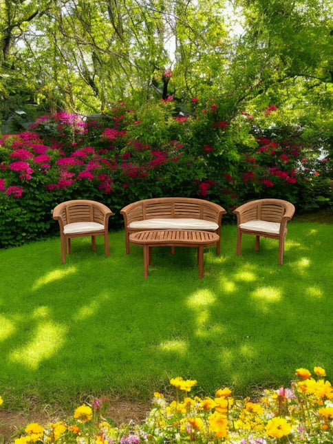 Teak Harmony Curved Garden Bench Set Horizon Extra Thick Four Piece