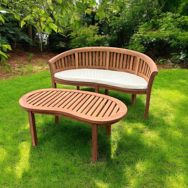 Teak Vertical Harmony Curved Garden Bench With Coffee Table Extra Thick (Deluxe) Two Piece Garden Set