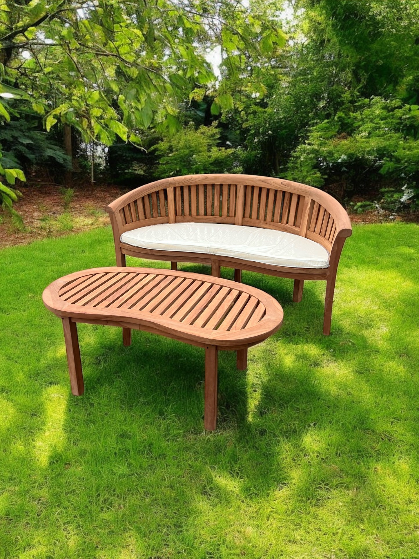 Teak Banana Curved Garden Bench With Coffee Table Two Piece Set