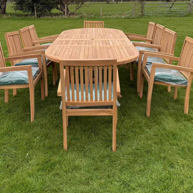 Teak Deluxe Garden Furniture Set 200cm - 300cm Dining Table 4CM Thick & 10 Elysian Chairs With Cushions