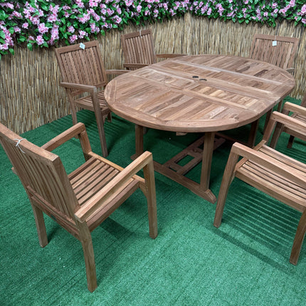 Teak Deluxe Garden Furniture Set 120cm - 170cm Oval Dining Table 4cm Thick & 6 Elysian Stacking Chairs With Cushions