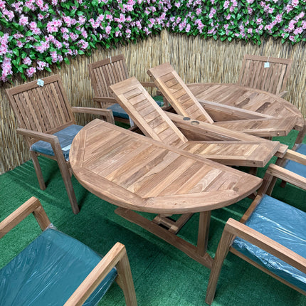 Teak Deluxe Garden Furniture Set 120cm - 170cm Oval Dining Table 4cm Thick & 6 Elysian Stacking Chairs With Cushions