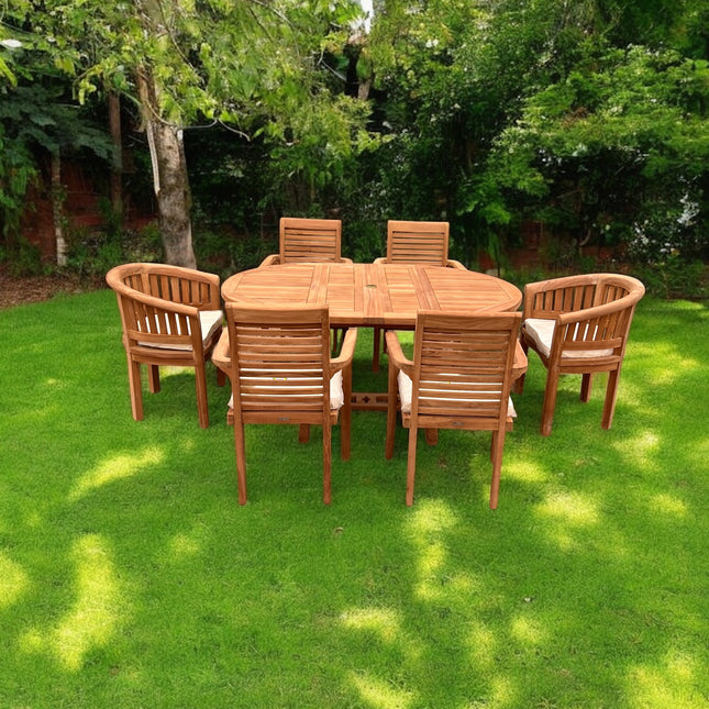 Teak Deluxe Garden Furniture Set 6 Seater 120cm - 170cm Dining Table 4  Enclave Stacking Chairs & 2 Harmony Chairs With Cushions