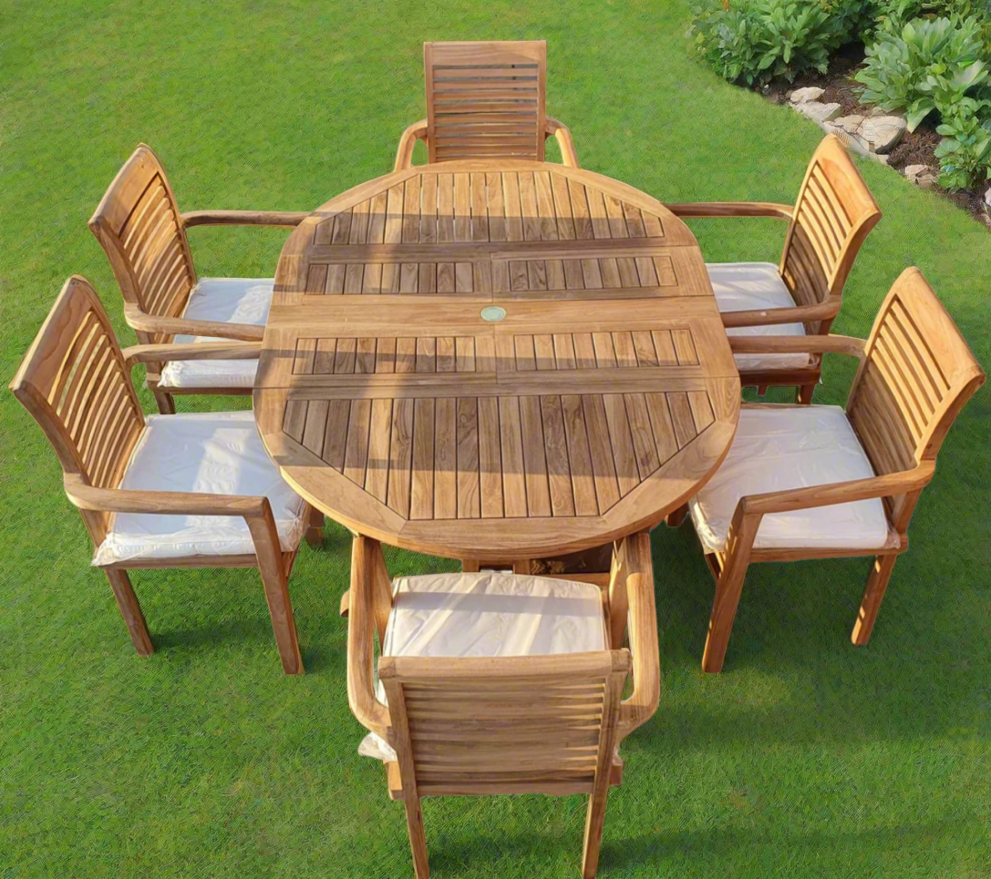 Teak Deluxe Garden Furniture Set 120cm - 170cm Dining Table 4cm Thick & 6 Chairs With Cushions