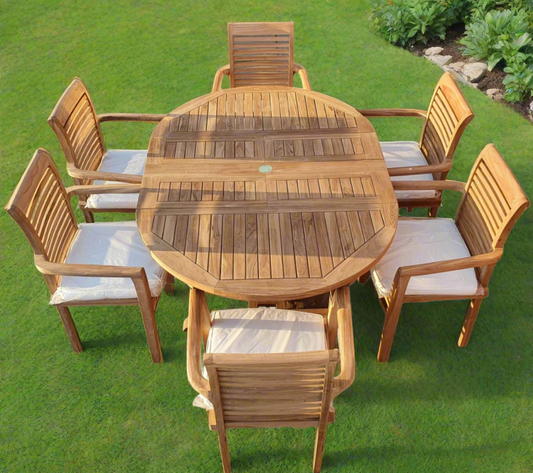 Teak Deluxe Garden Furniture Set 120cm - 170cm Dining Table 4cm Thick & 6 Chairs With Cushions