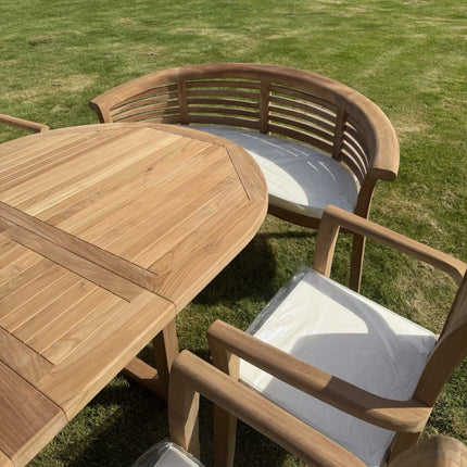 Teak Garden Furniture Set 4cm 180cm - 240cm Extending Dining Table & 6 Chairs + 2 Harmony Curve Benches