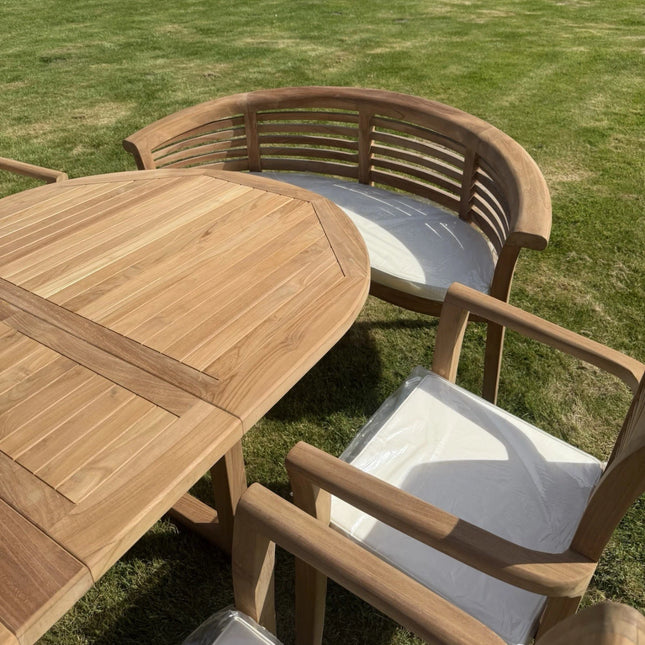 Teak Garden Furniture Set 4cm 180cm - 240cm Extending Dining Table & 6 Chairs + 2 Harmony Curve Benches