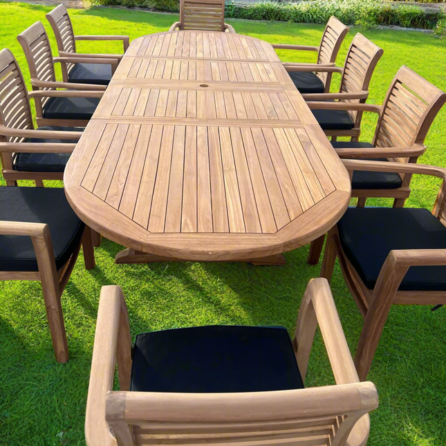 Teak Deluxe Garden Furniture Set 200cm - 300cm Dining Table 4CM Thick & 10 Chairs With Cushions