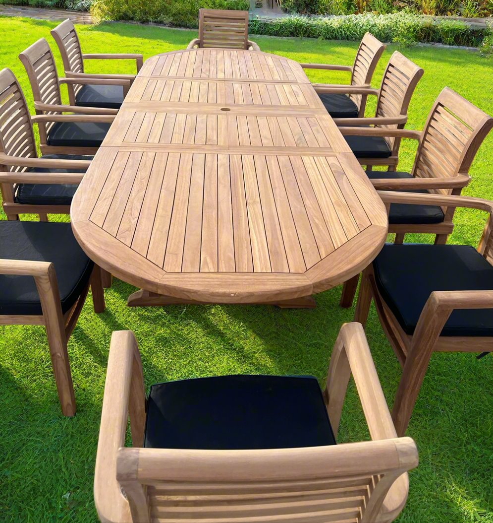 Teak Deluxe Garden Furniture Set 200cm - 300cm Dining Table 4CM Thick & 10 Chairs With Cushions