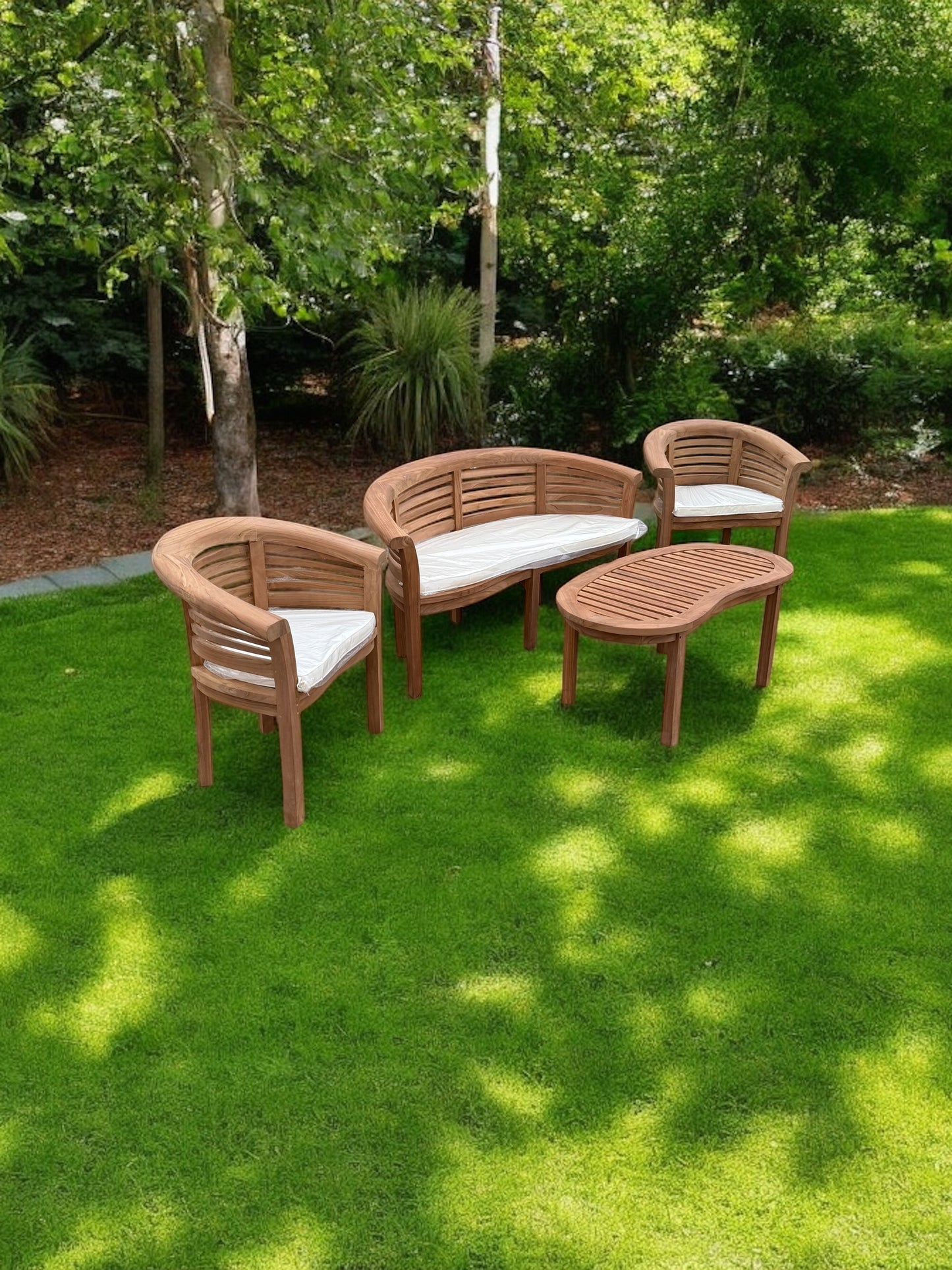 Teak Banana Curved Garden Bench Set Horizontal Extra Thick Four Piece