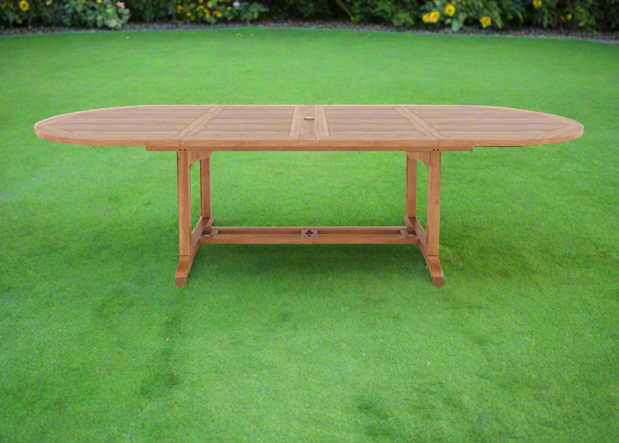 Teak Deluxe Garden Furniture Set 200cm - 300cm Oval Dining Table 4CM Thick 2 Banana Benches & 6 Banana Chairs With Cushions