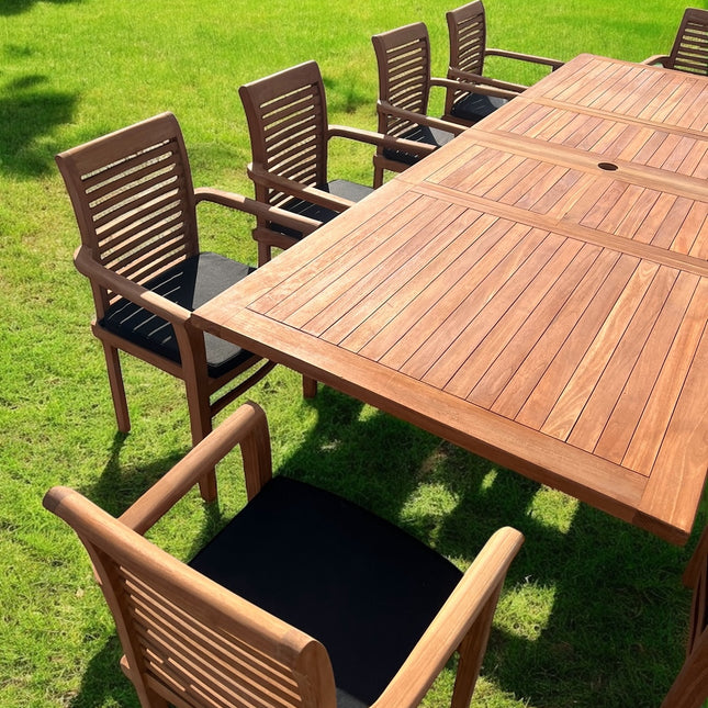 Teak Deluxe Garden Furniture Set 200cm - 300cm Dining Table 4CM Thick & 10 Chairs With Cushions