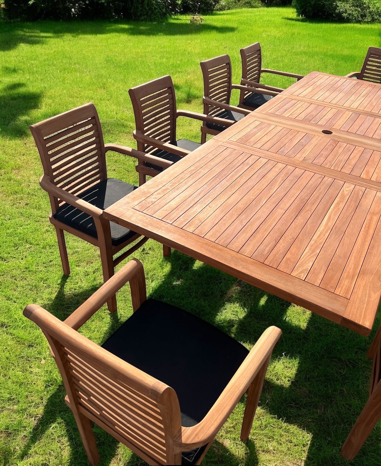 Teak Deluxe Garden Furniture Set 200cm - 300cm Dining Table 4CM Thick & 10 Chairs With Cushions