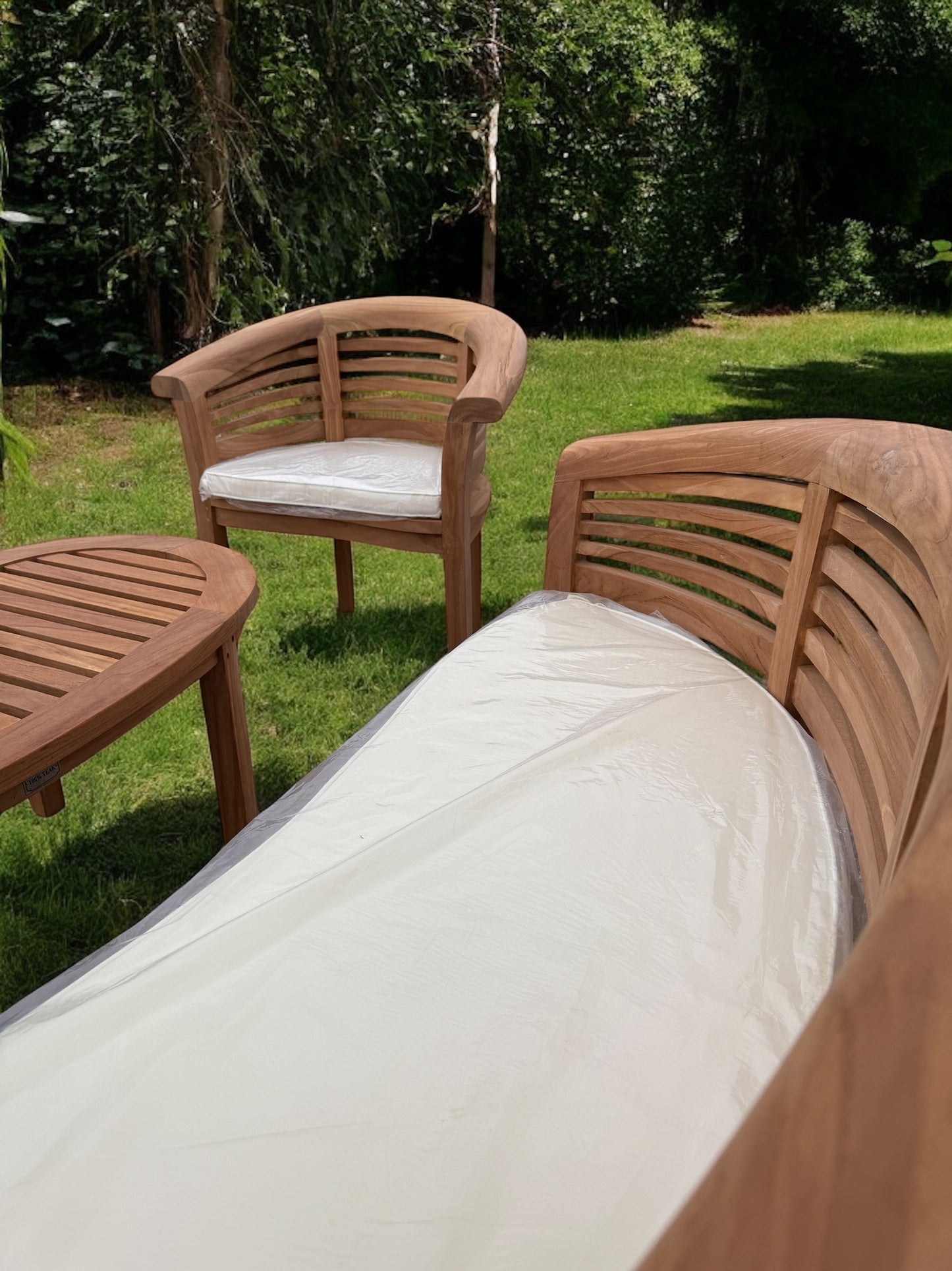 Teak Banana Curved Garden Bench Set Horizontal Extra Thick Four Piece