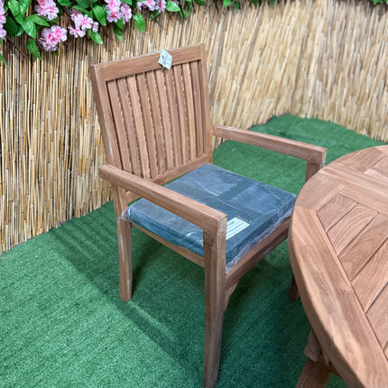 Teak Deluxe Garden Furniture Set 120cm - 170cm Oval Dining Table 4cm Thick Double leaf & 4 Elysian Stacking Chairs With Cushions