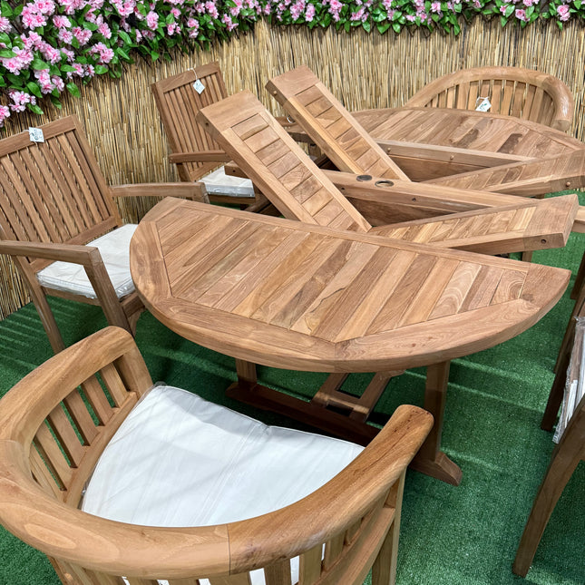 Teak Deluxe Garden Furniture Set 6 Seater 120cm - 170cm Dining Table 4  Elysian Stacking Chairs & 2 Harmony Chairs With Cushions
