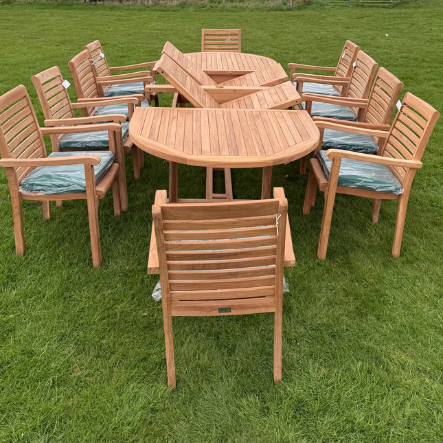 Teak Deluxe Garden Furniture Set 200cm - 300cm Dining Table 4CM Thick & 10 Chairs With Cushions