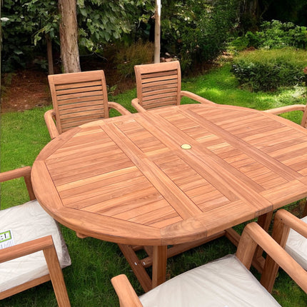 Teak Deluxe Garden Furniture Set 120cm - 170cm Oval Dining Table 4cm Thick & 6 Enclave Stacking Chairs With Cushions