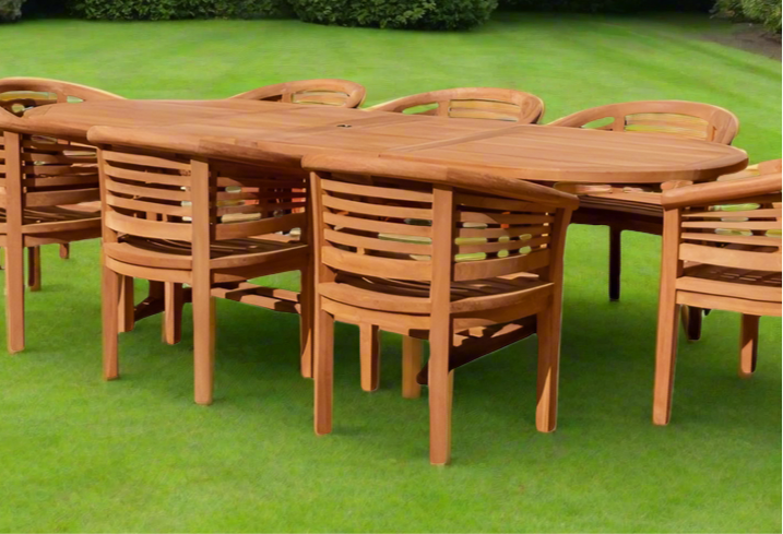 Teak Deluxe Garden Furniture Set 200cm - 300cm Oval Dining Table 4CM Thick 2 Horizontal Benches & 6 Deluxe Banana Chairs With Cushions