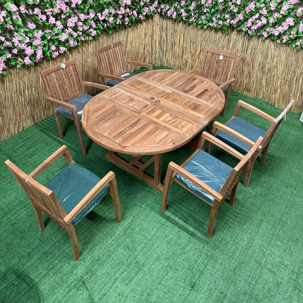 Teak Deluxe Garden Furniture Set 120cm - 170cm Oval Dining Table 4cm Thick & 6 Elysian Stacking Chairs With Cushions