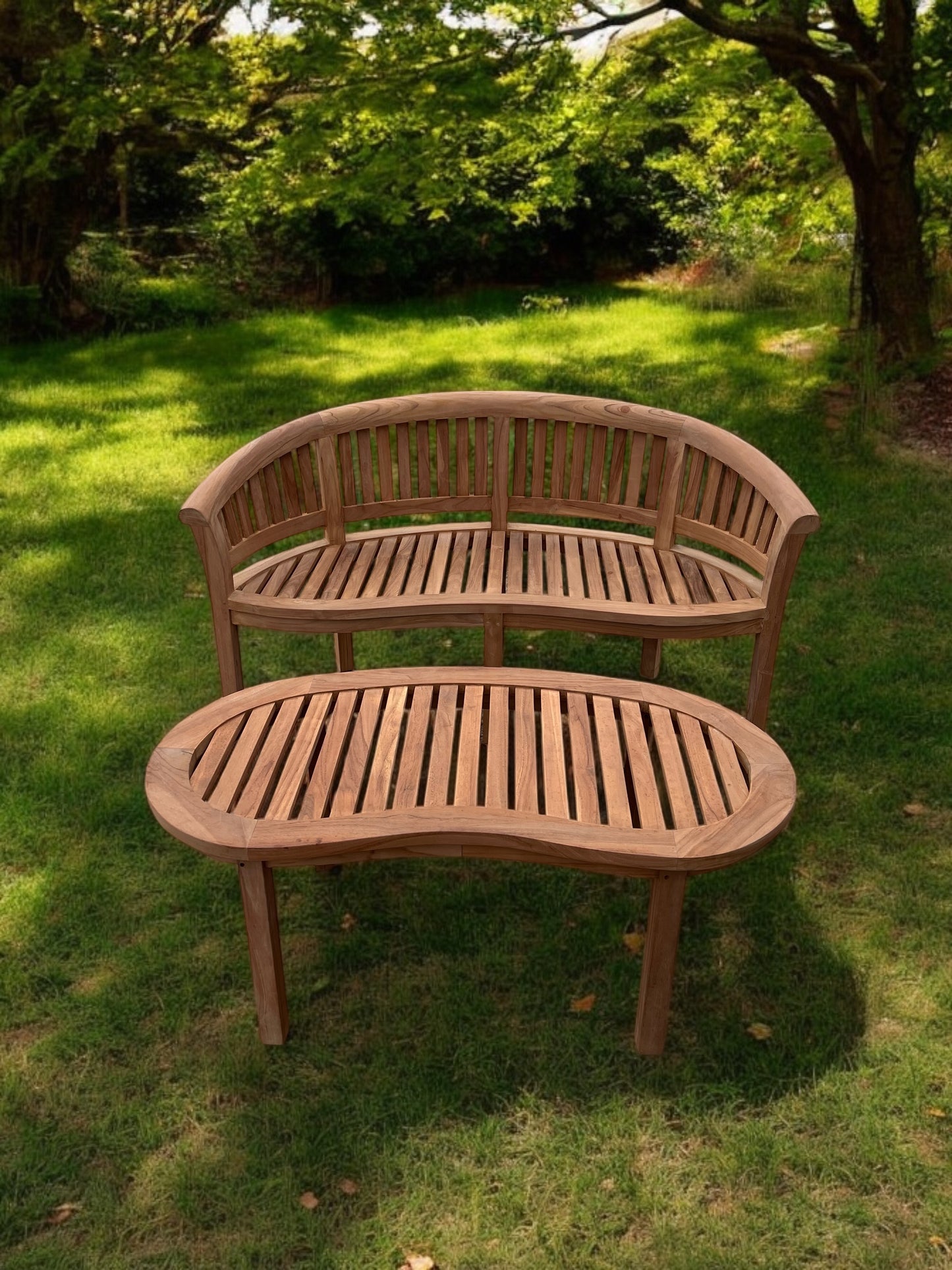 Teak Banana Curved Garden Bench With Coffee Table Two Piece Set