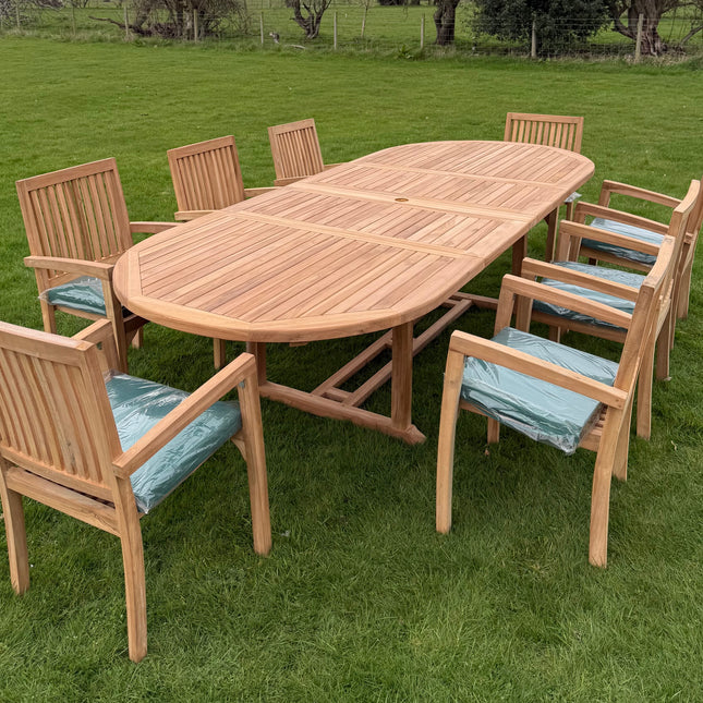 Teak Deluxe Garden Furniture Set 200cm - 300cm Dining Table 4CM Thick & 10 Elysian Chairs With Cushions
