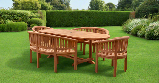 Teak Garden Furniture Set 180cm - 240cm Dining table, 2 Banana Benches & 2 Banana Chairs with Cushions