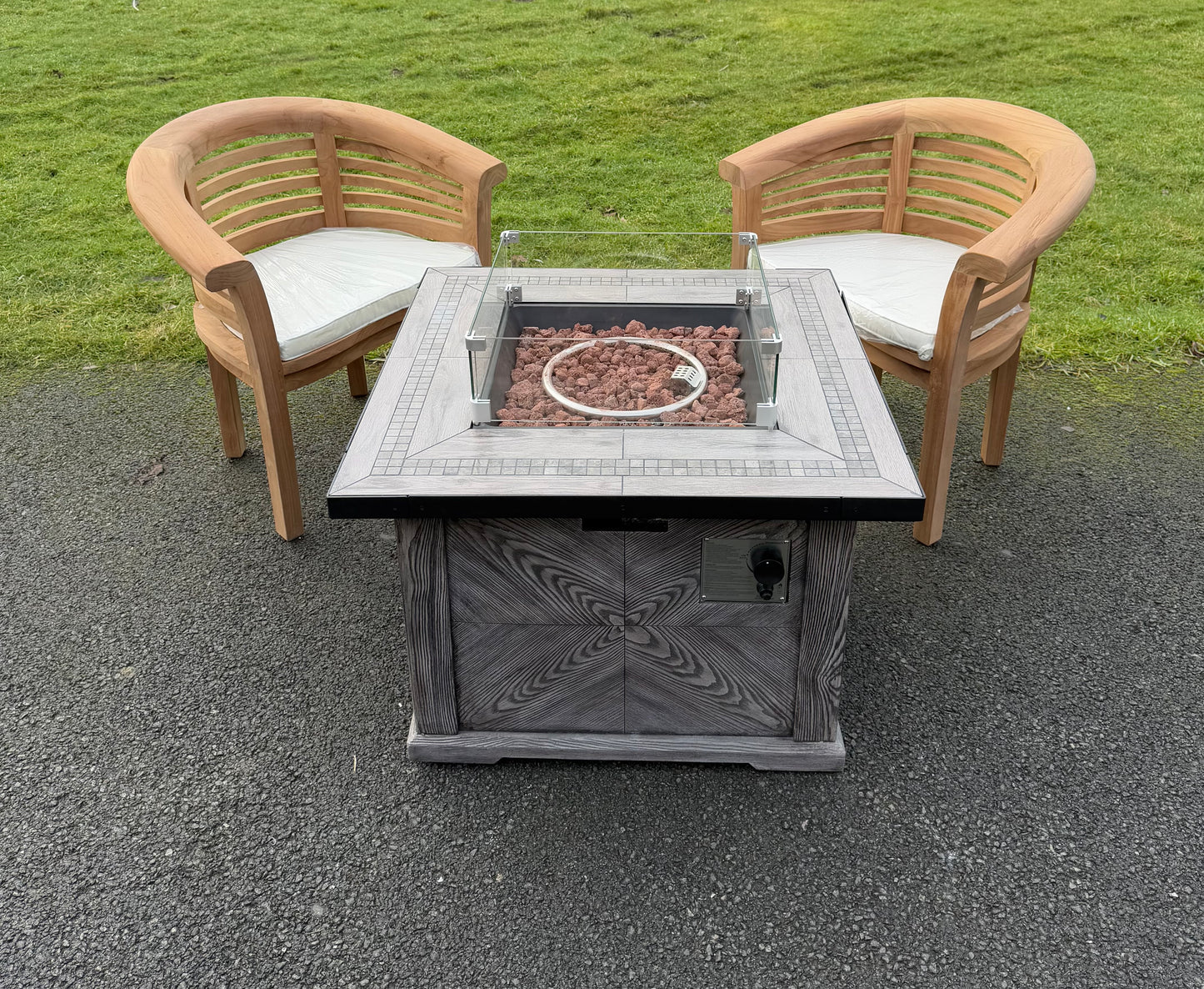 Teak Banana Chairs and Firepit Set Grey