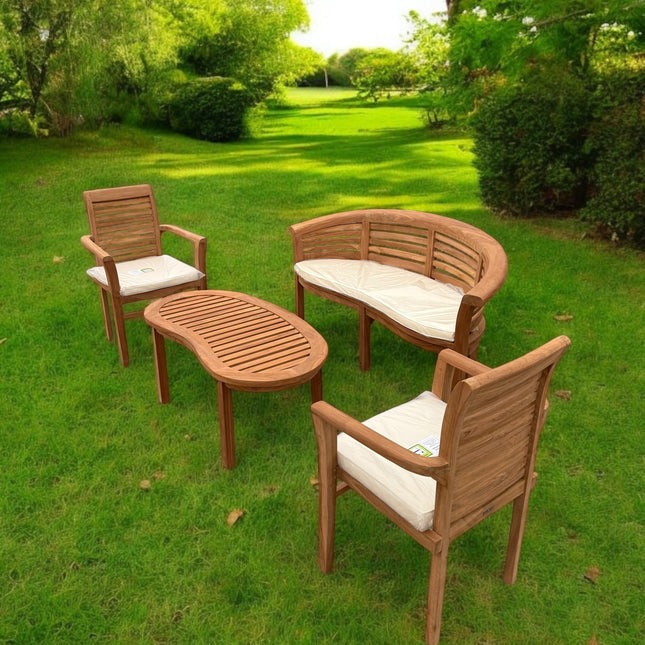 Teak Horizon Harmony Curved Garden Bench Set Coffee Table Two Enclave Stacking Chairs Four Piece
