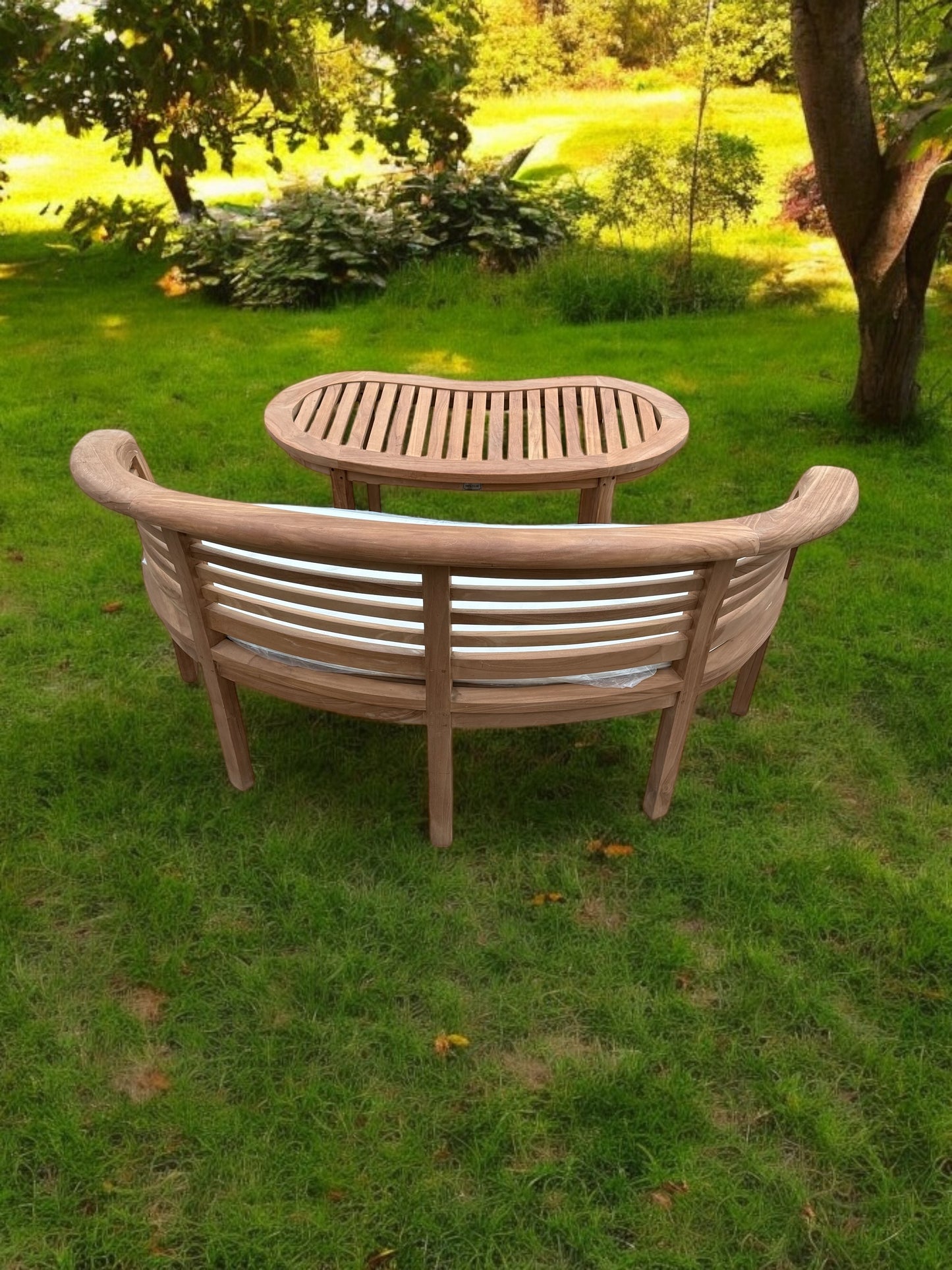 Teak Banana Curved Garden Bench Extra Thick (Deluxe) Horizontal With Coffee Table Two Piece Set