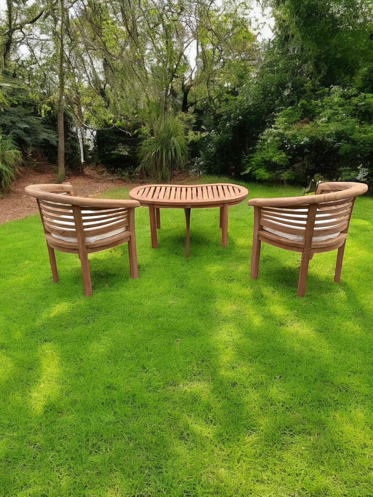 Teak Banana Curved Garden Bench Set Horizontal With Coffee Table Three Piece Extra Thick (Deluxe)