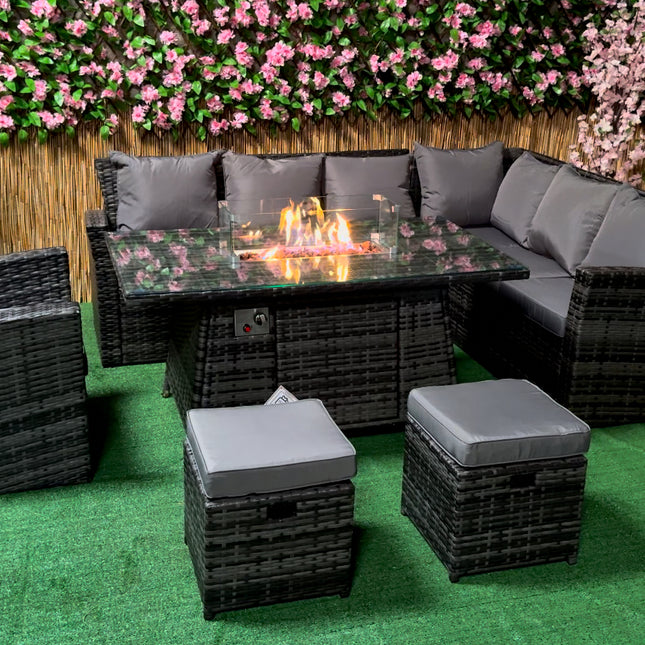 Bliss Rattan Garden Furniture Fire Pit Corner Sofa Set