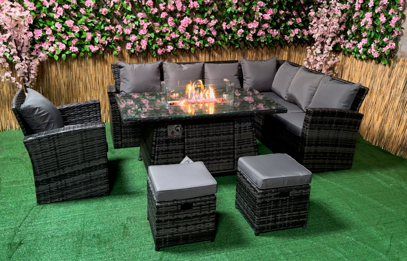 Rattan Garden Furniture Gas Fire Pit And Corner Sofa Set Outdoor Furniture Patio