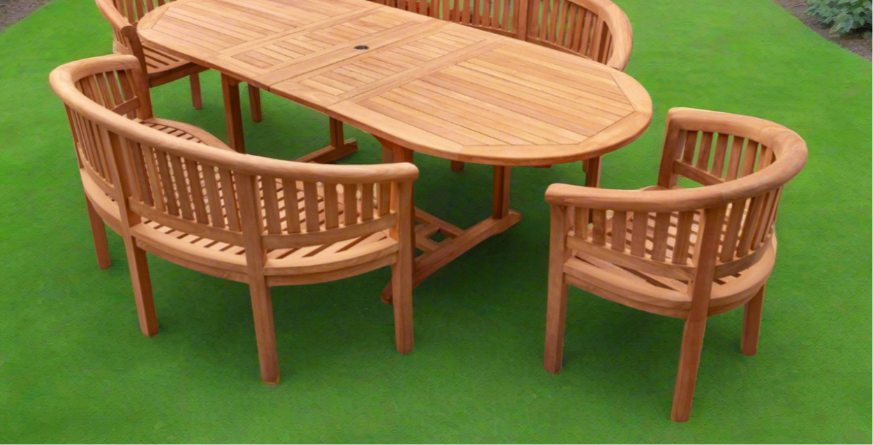 Teak Garden Furniture Set 180cm - 240cm Dining table, 2 Banana Benches & 2 Banana Chairs with Cushions