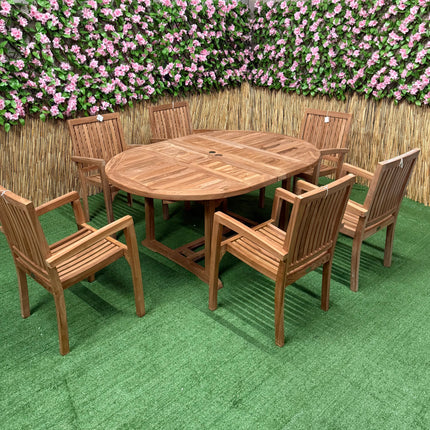 Teak Deluxe Garden Furniture Set 120cm - 170cm Oval Dining Table 4cm Thick & 6 Elysian Stacking Chairs With Cushions