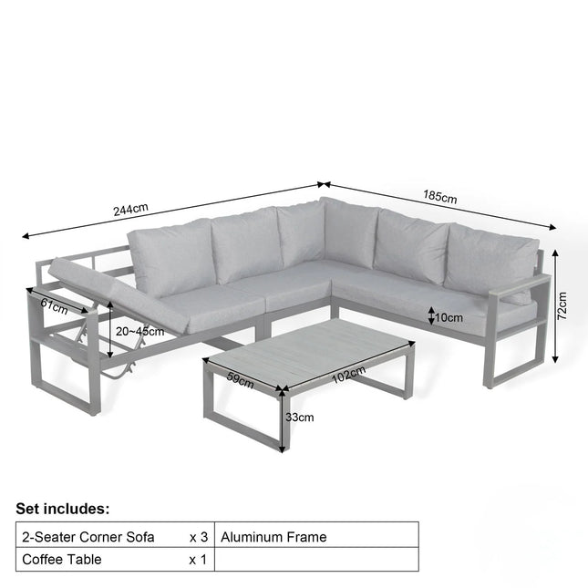 Arven Aluminium Garden Furniture Corner Sofa Set With Coffee Table - Right Hand