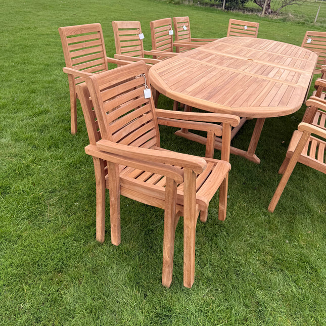 Teak Deluxe Garden Furniture Set 200cm - 300cm Dining Table 4CM Thick & 12 Chairs With Cushions