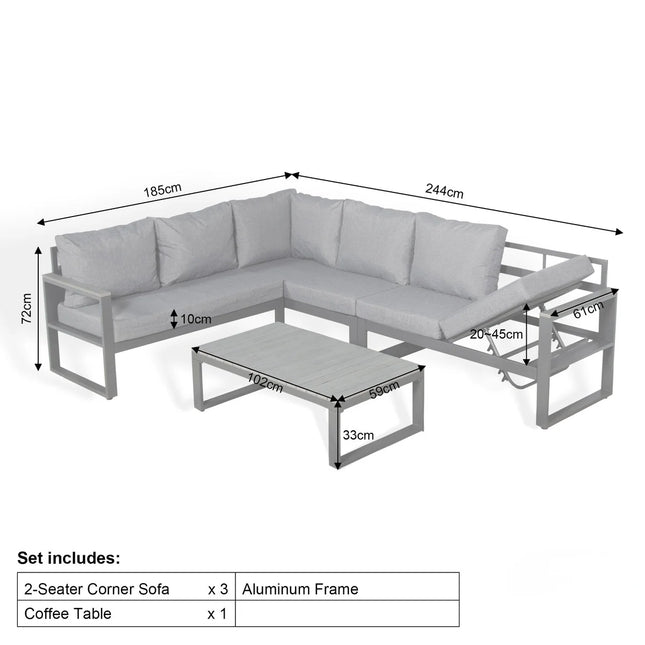 Arven Aluminium Garden Furniture Corner Sofa Set With Coffee Table - Left Hand