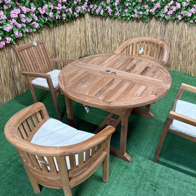 Teak Deluxe Garden Furniture Set 6 Seater 120cm - 170cm Dining Table 4  Elysian Stacking Chairs & 2 Harmony Chairs With Cushions