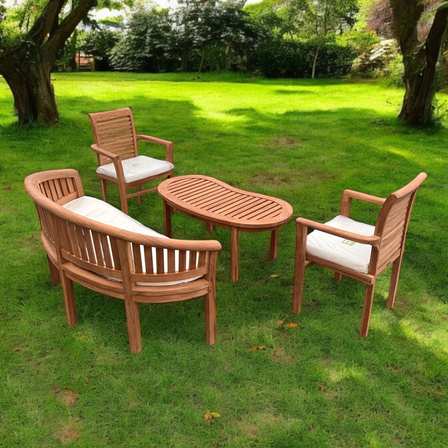 Teak Vertical Harmony Curved Garden Bench Set Coffee Table Two Enclave Stacking Chairs Four Piece