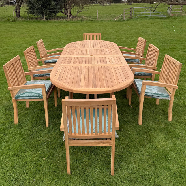 Teak Deluxe Garden Furniture Set 200cm - 300cm Dining Table 4CM Thick & 10 Elysian Chairs With Cushions