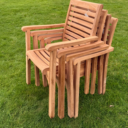 Teak Deluxe Garden Furniture Set 120cm - 170cm Oval Dining Table 4cm Single Leaf Thick & 6 New Haven Stacking Chairs With Cushions