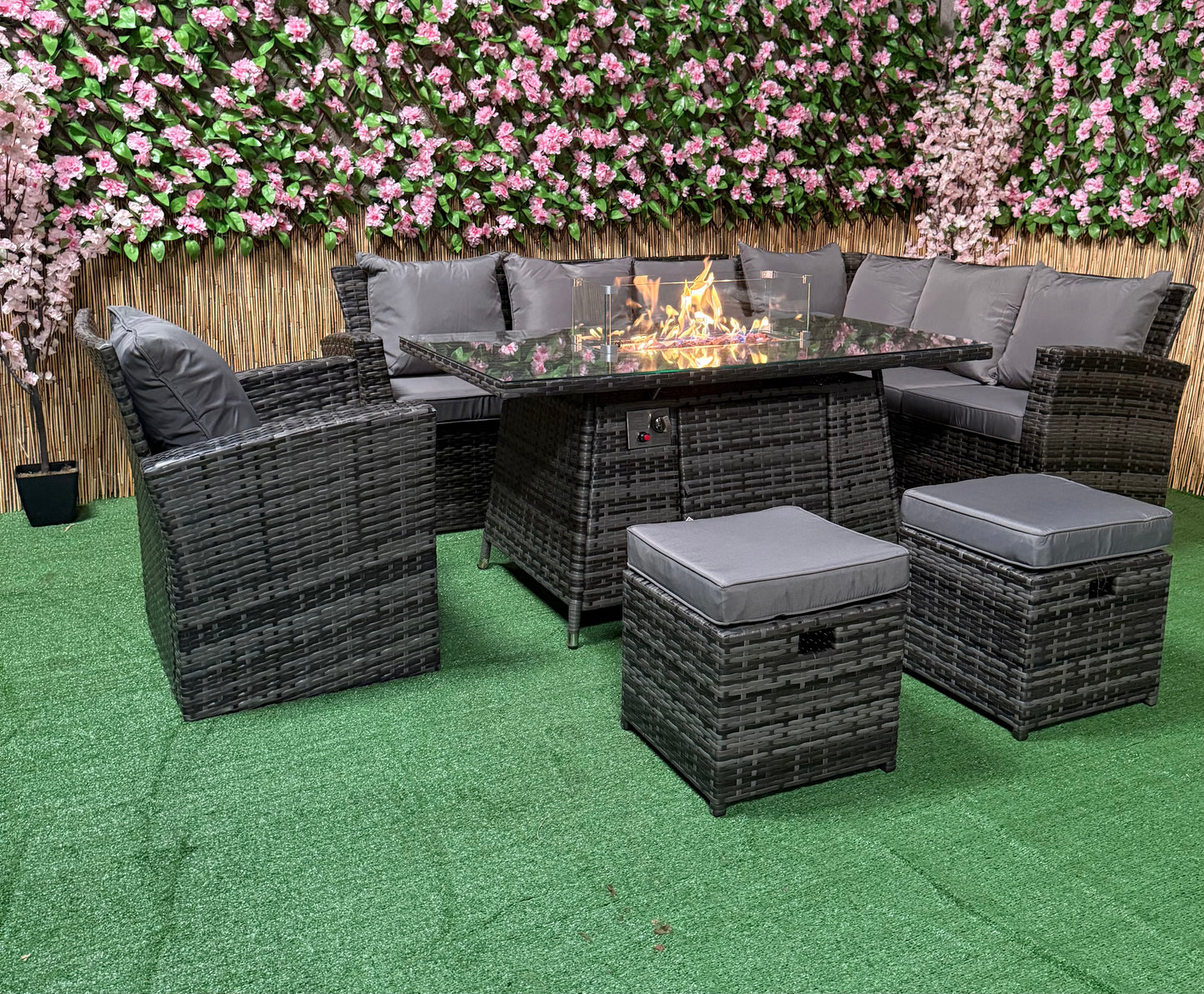 Rattan Garden Furniture Gas Fire Pit And Corner Sofa Set Outdoor Furniture Patio